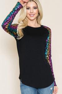 Solid Top with Rainbow Leopard Long Sleeves