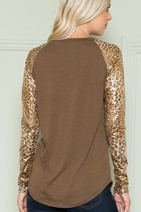 Solid Top with Leopard Long Sleeves
