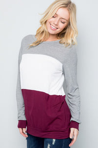 Plus Solid Tri Color Long Sleeve Top