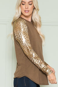 Plus Solid Top with Leopard Long Sleeves
