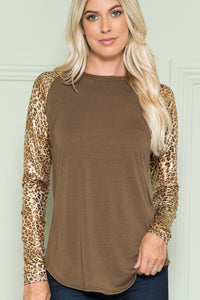 Plus Solid Top with Leopard Long Sleeves